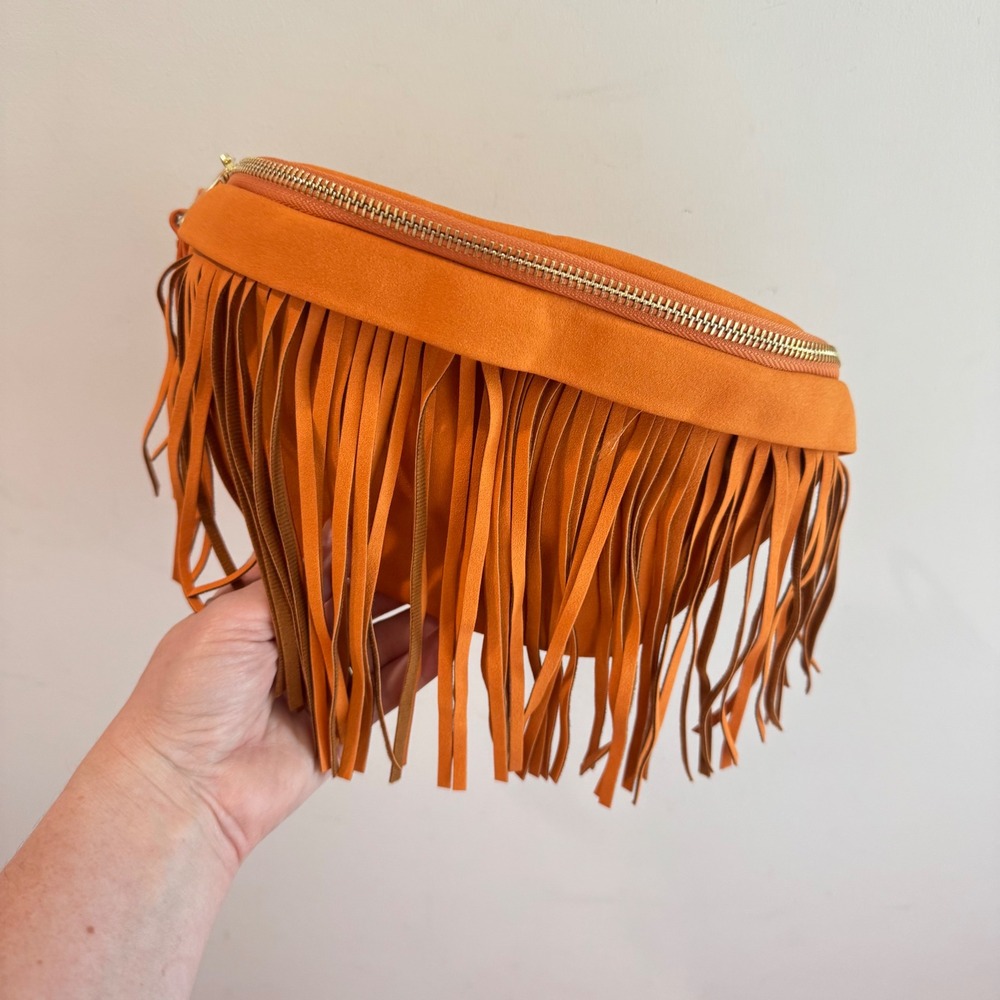 NWT Thomas & Lee Company Orange Fringe Crossbody Bag Faux Suede  Gold Hardware